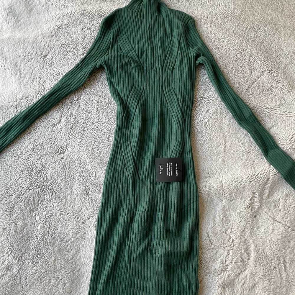NWT Lulu’s Snug As Can Be Dark Green Ribbed Mock Neck Sweater Dress - S